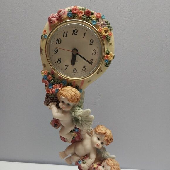 Vintage Elegant Collection Cherub Angel Mantle Clock Ribbon Hot Air Balloon Rare - Picture 6 of 16